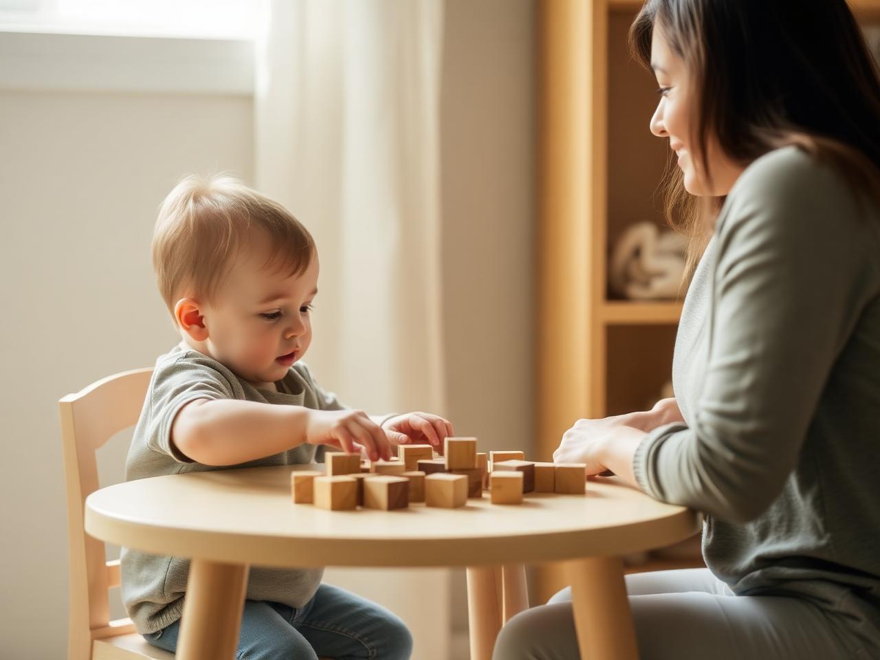 A young child playing with wooden blocks while a parent watches