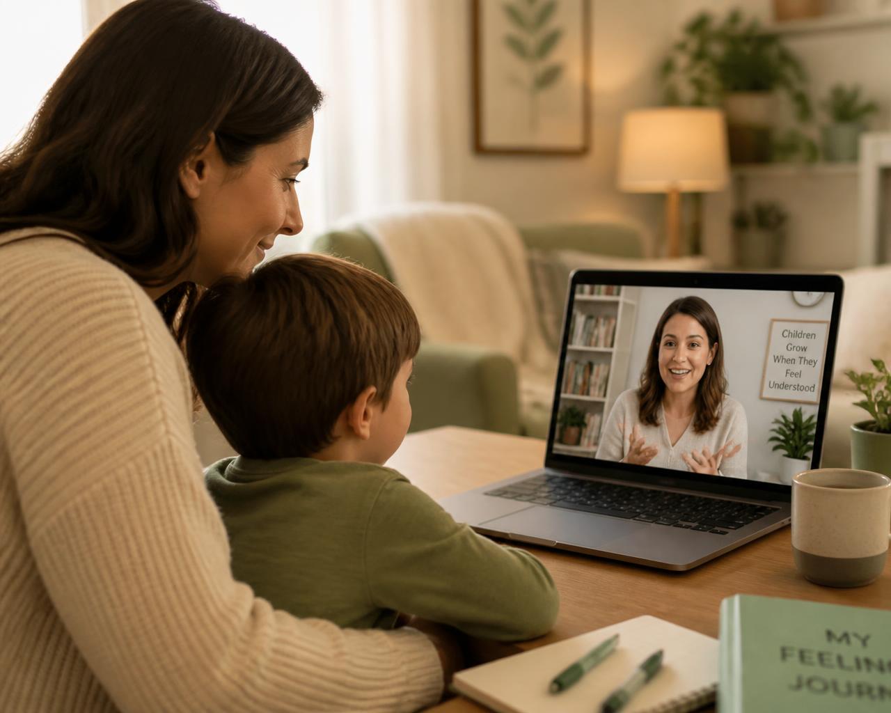 A mother sitting with her child at home during a telehealth autism evaluation with a psychologist on video call